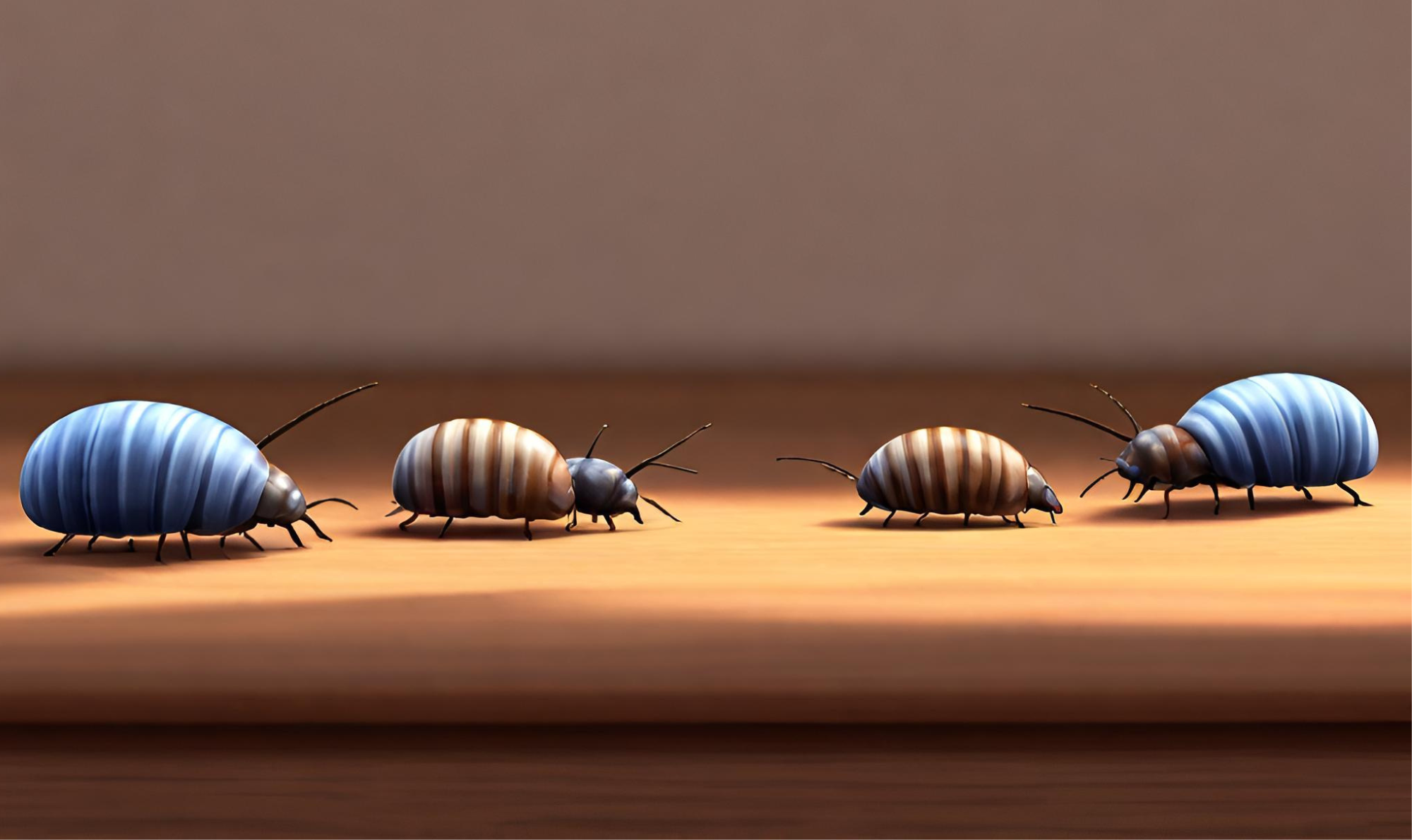 4 animated pill bugs on a table